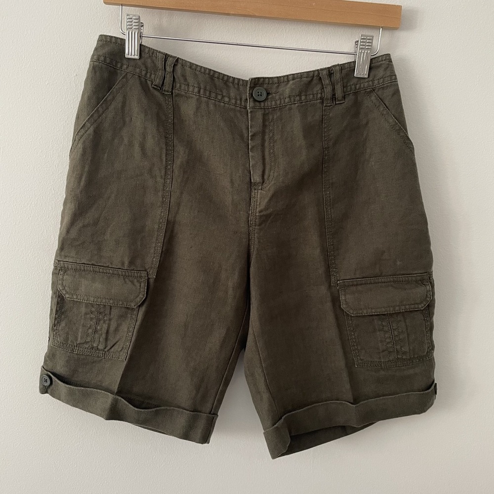 Coldwater Creek Natural Fit 100% Linen Cargo Shorts Olive Green Sz 4‎ Lagenlook
